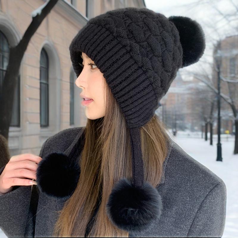 Lazy Wind Thickened Double-layer Ear Protection and Cold-proof Three-fur Ball Rabbit Fur Hat Plus Velvet Face Protection Knitted Hat