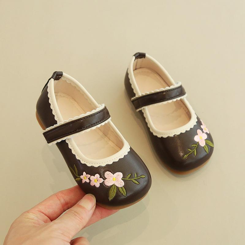 Kids Floral Embroidery Lace Trim Mary Jane Flat Shoes