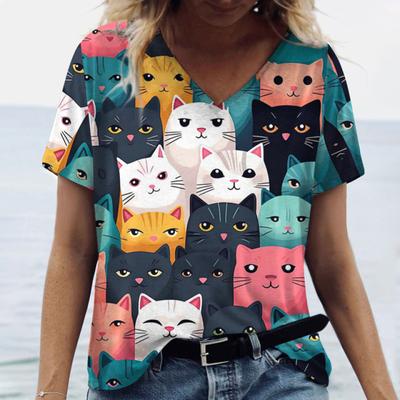 Women Cat Print Women's T-Shirt Oversized T-Shirt Top Women Clothing Design Plus Size V Neck Tee Casual
