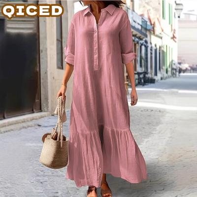 Fashion Spring Autumn Solid Color Print Long Sleeve POLO Neck Casual Dresses Unique Design