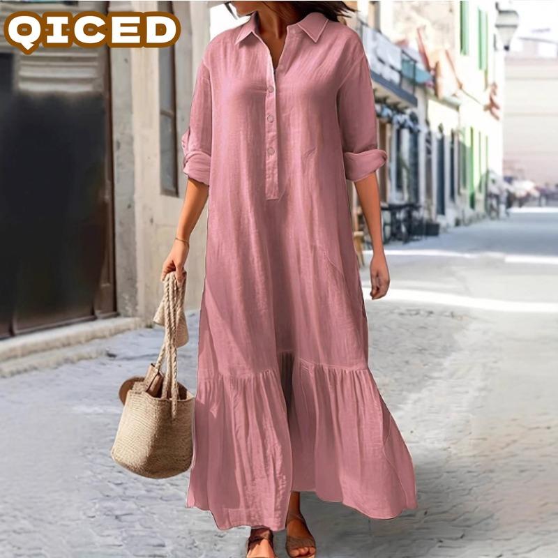 QICED Fashion Spring Autumn Solid Color Print Long Sleeve POLO Neck Casual Dresses Unique Design