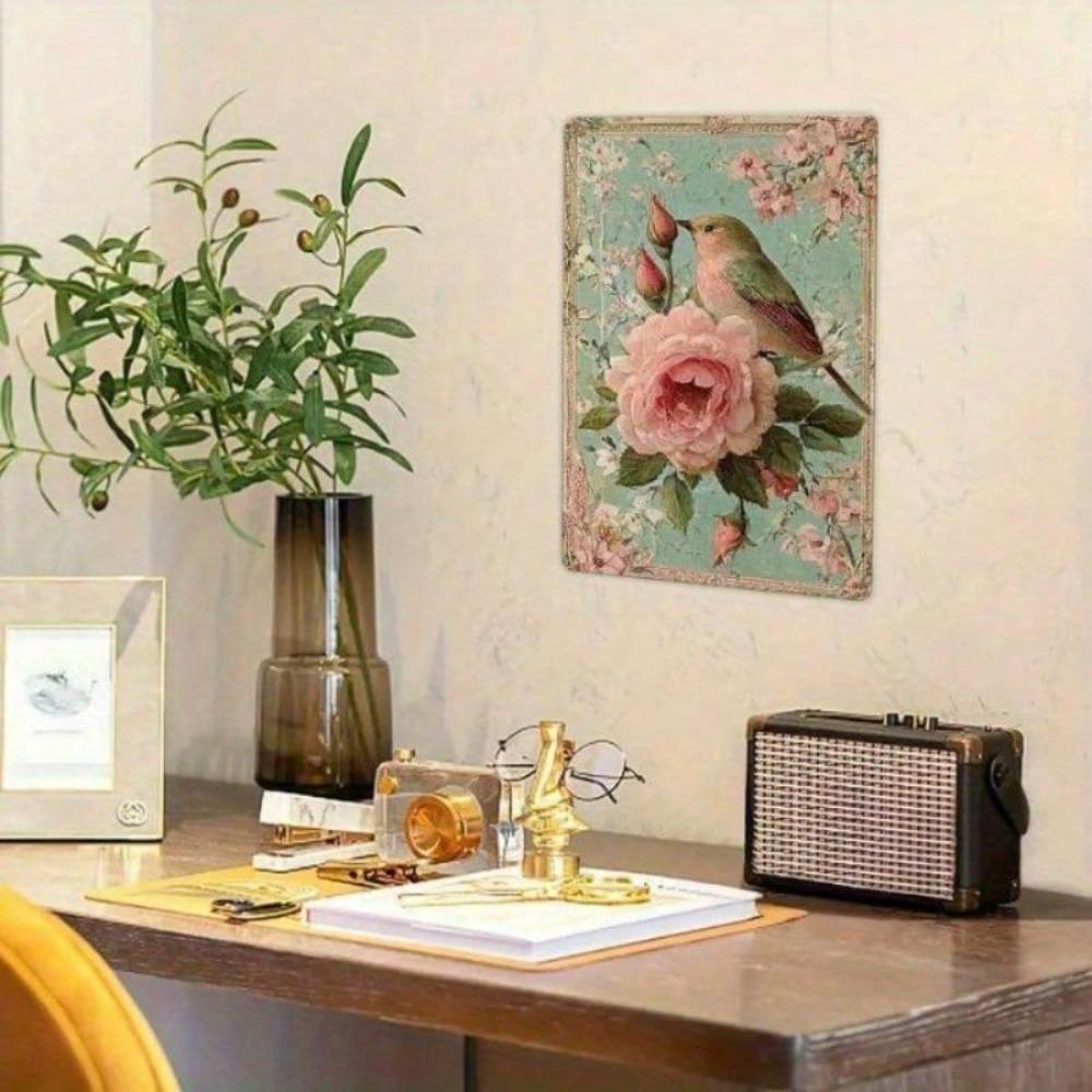 Vintage Rose Bird Metal Tin Sign Retro Wall Art Home Decor