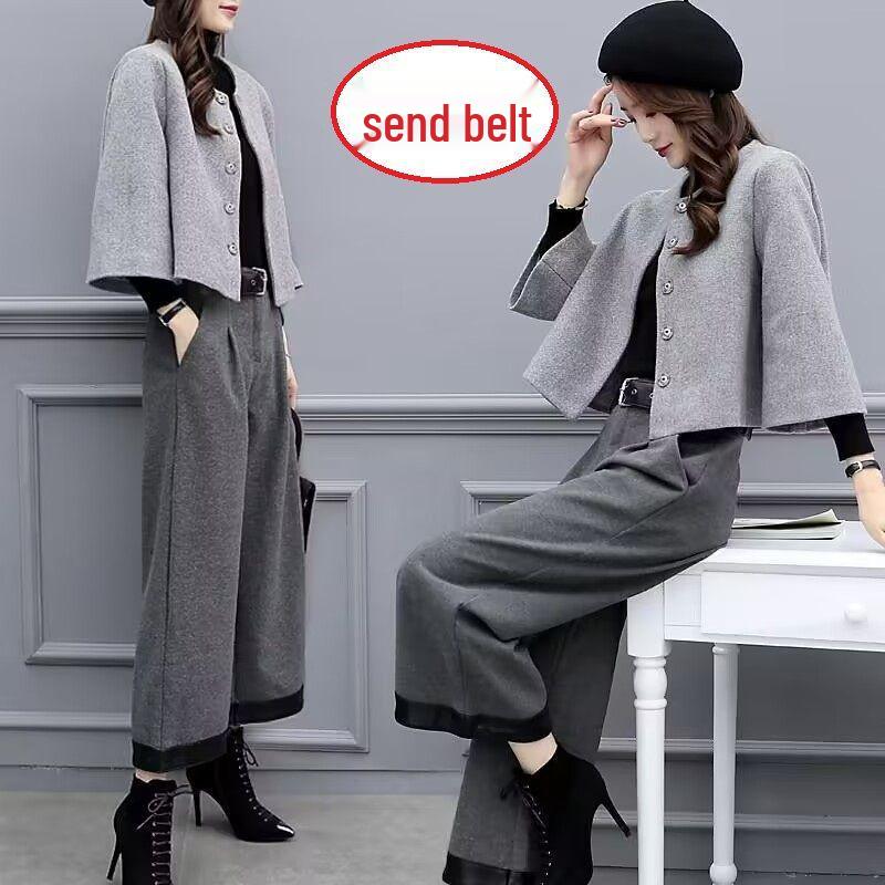 2025 Women's Plus Size Woolen Two-Piece Suit: Short Coat & Wide Leg Pants for Autumn/Winter Fashion.