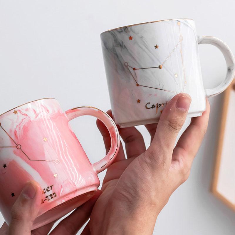 400ML Twelve Constellation Marble Cup with Cover Long Spoon Ceramic Party Tableware Set Porcelain Breakfast Coffee Mug Cup