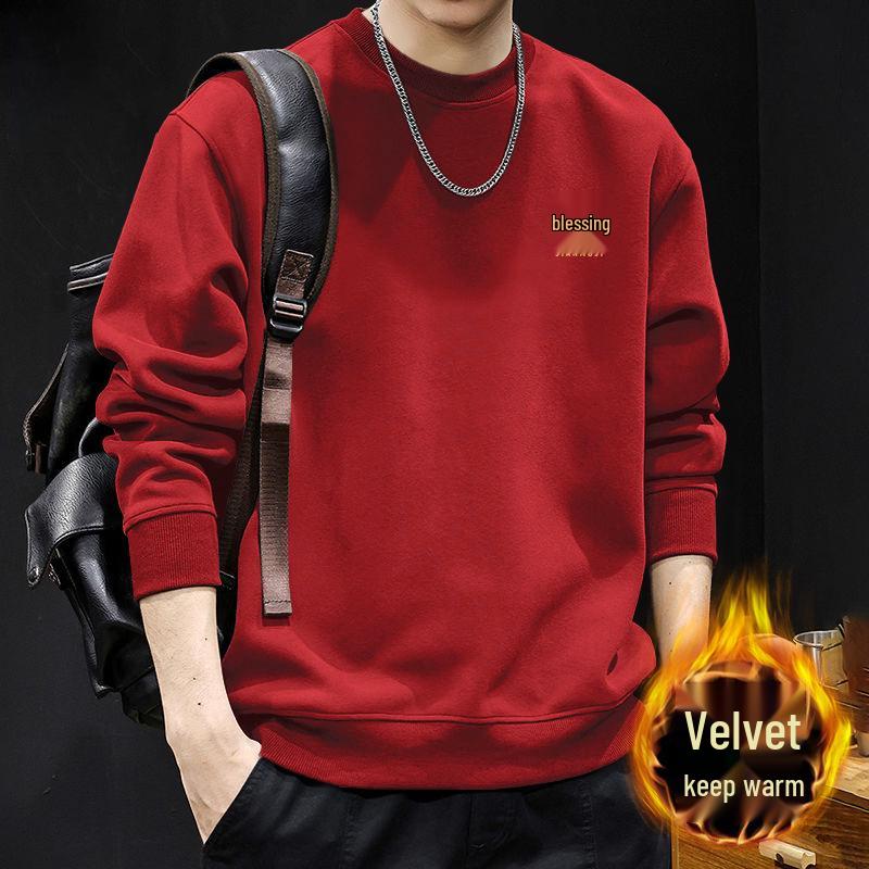 Guochao Men's Oversize Black Hoodie with Round Neck - Warm, Thick, Plus Size for Spring and Autumn.