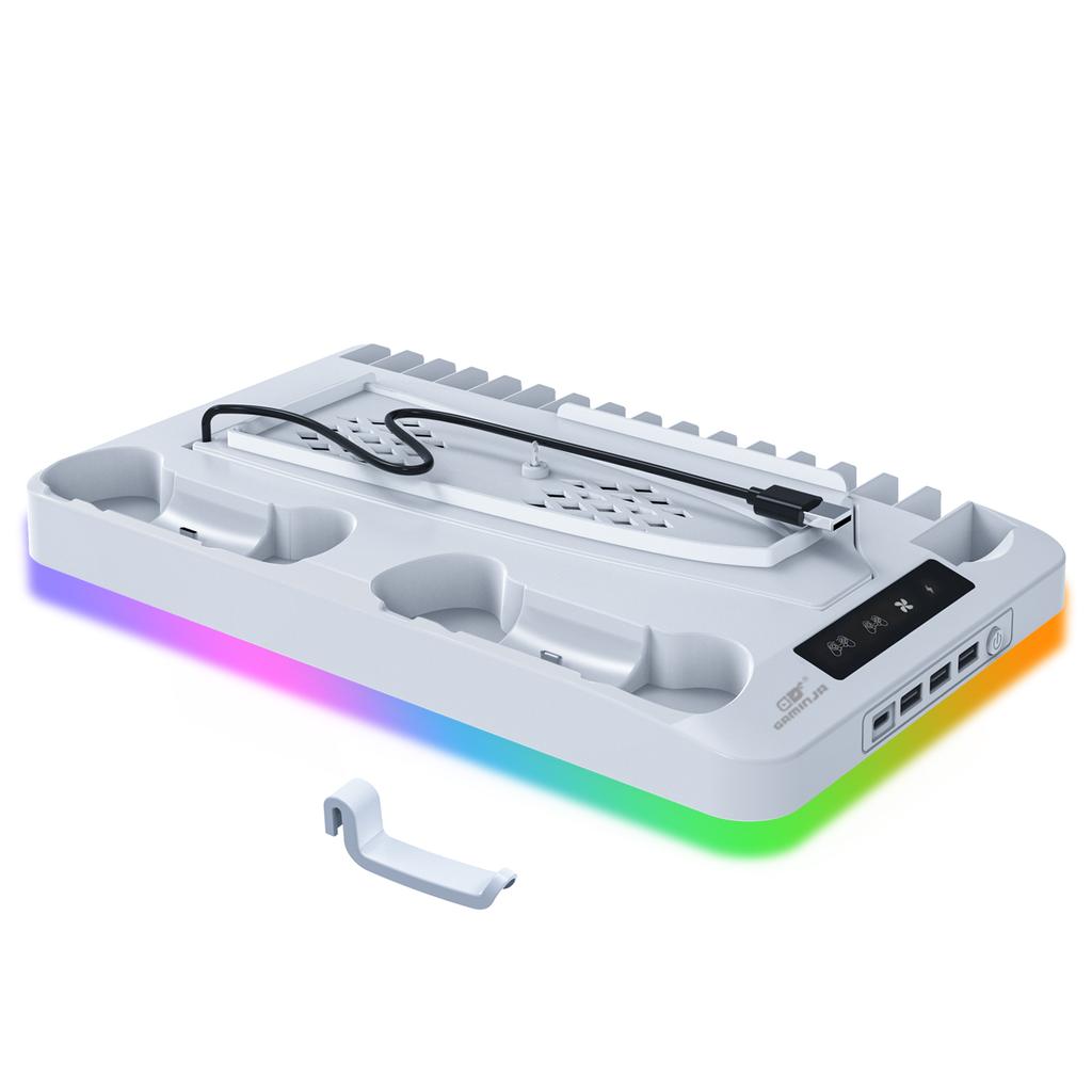 Cooling Stand for PS5/PS5 Slim/PS5 Pro with Headphone Hook and 3-Level Cooling Fan Controller Charging Station Gaming Consoles