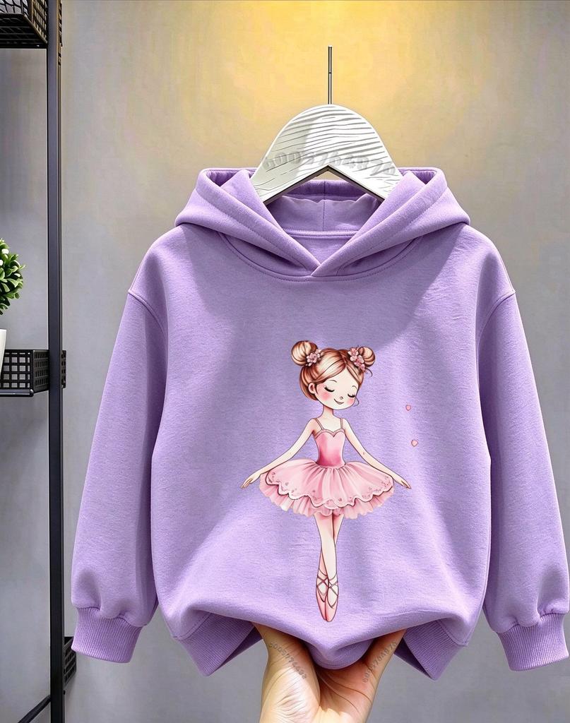 Autumn/Winter Children's Hooded Sweater - Sweet Cartoon Ballet Dancer Pattern Print -Soft and Breathable Long-Sleeved Hooded Top
