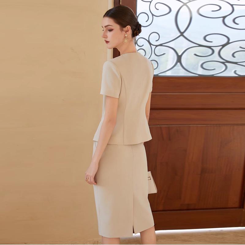 Beige Korean Style Summer Blazer Workwear Set with Short Sleeves
