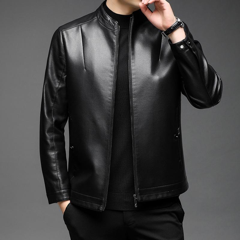 Autumn and Winter New Men's Leather Jacket Leather Jacket Business Casual Stand-up Collar Fleece Thickened Windproof Youth Leather Jacket