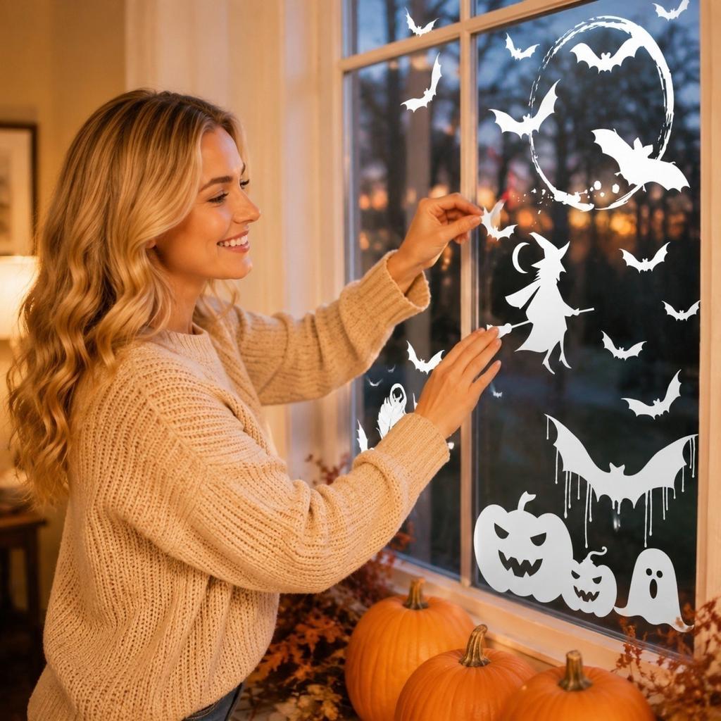 Halloween Static Clings - Witch Pumpkin Skeleton Window Stickers for Holiday Decor