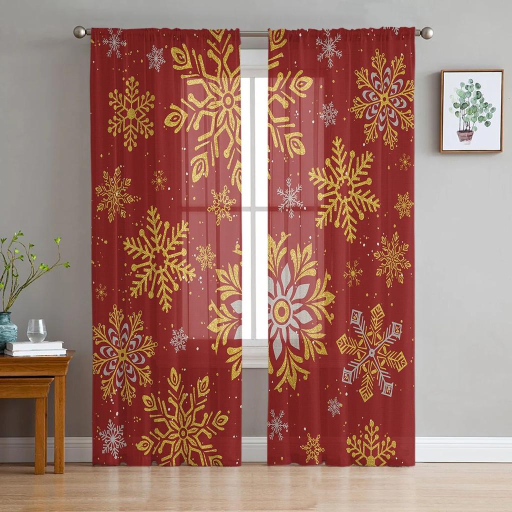 Christmas Hand Drawn Snowflakes Window Tulle Curtains For Living Room Kitchen Christmas Home Decor Sheer Voile Curtains