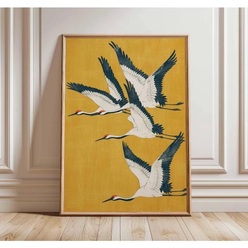 Japanische Elegante Kraniche Natur Poster Fliegende Kraniche in Gold und Weiß Leinwandbild Asiatische Wandkunst Wohnzimmer Heimdekoration