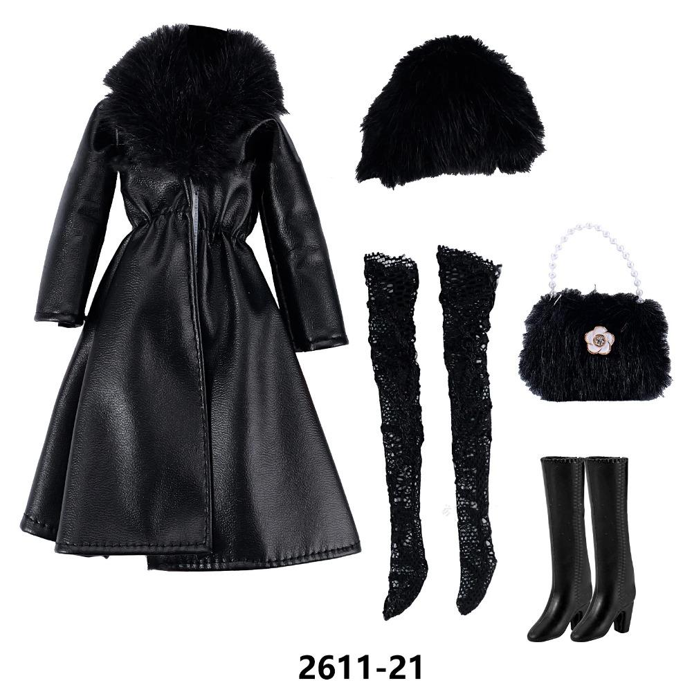30cm Doll Clothes Fashion Luxury Fur Collar Waist Leather Trench Coat Jacket Pants Skirt Set For 1/6 Supermodel Doll Accessories