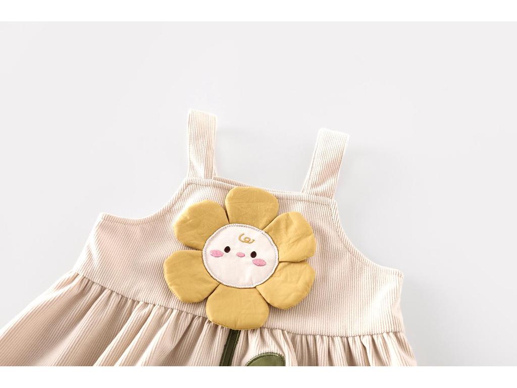 2025 Autumn Girls' Floral Embroidered Cartoon Suspender Dress - Korean Style
