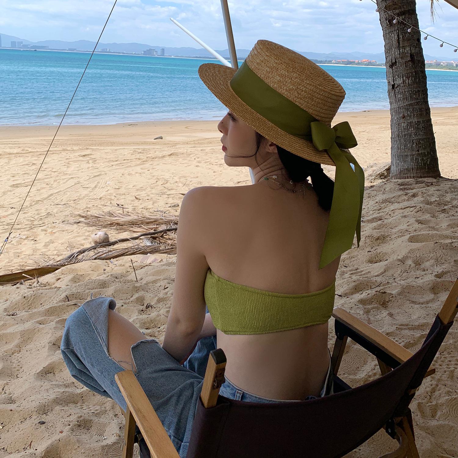 

Straw woven flat-topped fruit green bow streamer wide-brimmed women s summer age-reducing vacation beach sunshade straw hat Adult (56-58cm) зелений