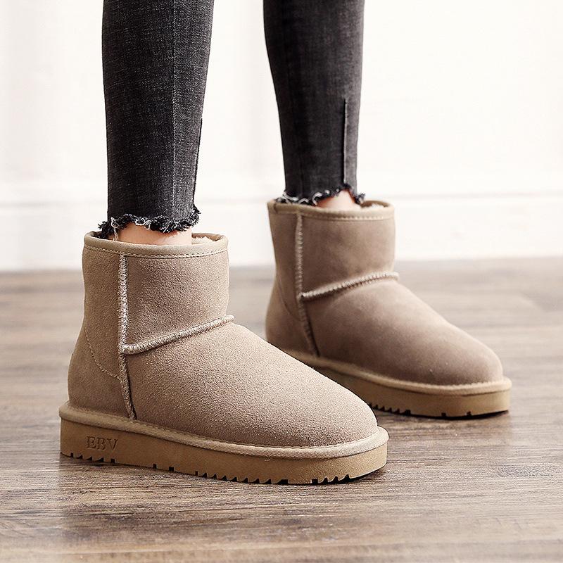 EBV cowhide snow boots women's short boots and short boots fur integrated versatile women's cotton shoes leather boots piled and thickened