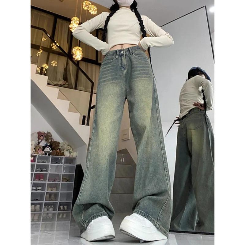 Retro High-waisted Wide-leg Jeans Women's Autumn New Loose and Thin Straight Floor-mopping Trousers