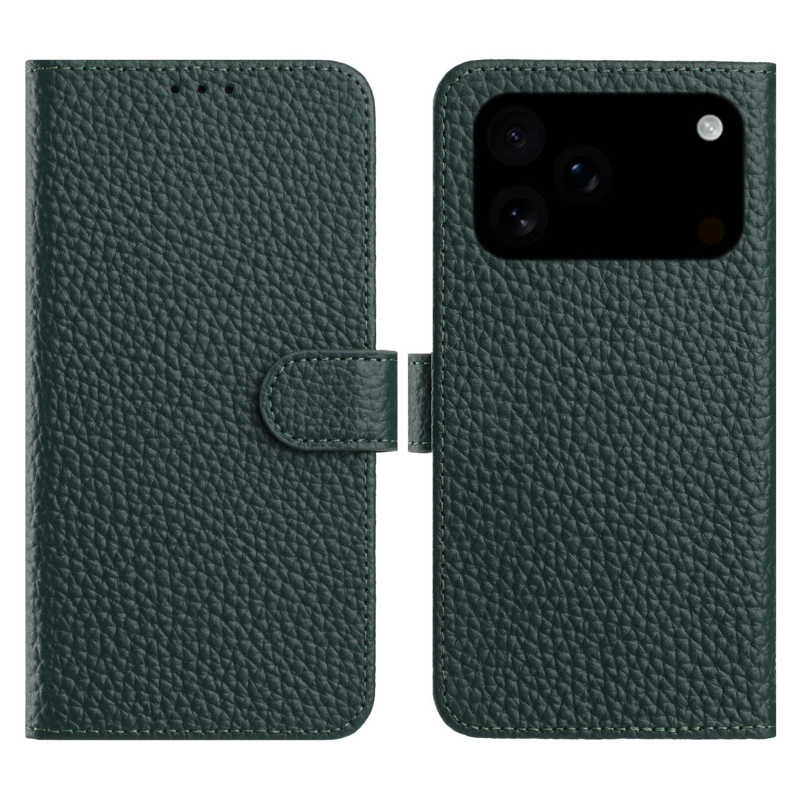 

For iPhone 17 Pro Max Case Wallet Stand Litchi Texture Genuine Cow Leather Flip Phone Cover Green