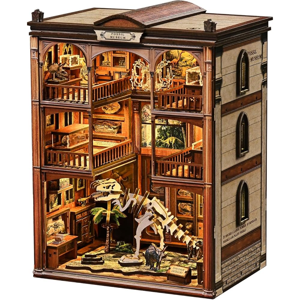 CRESYMME Miniature Dollhouse Book Nook Kit Wooden DIY 3D Model Fossil Museum