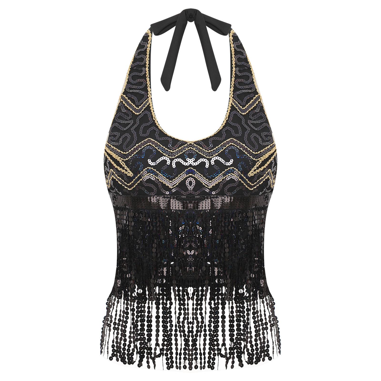 

Жіночий топ для танцю живота, халтер, на шнурівці, з паєтками та китицями, кроп-топ, сценічний костюм, костюм на Хелловін One Size чорний