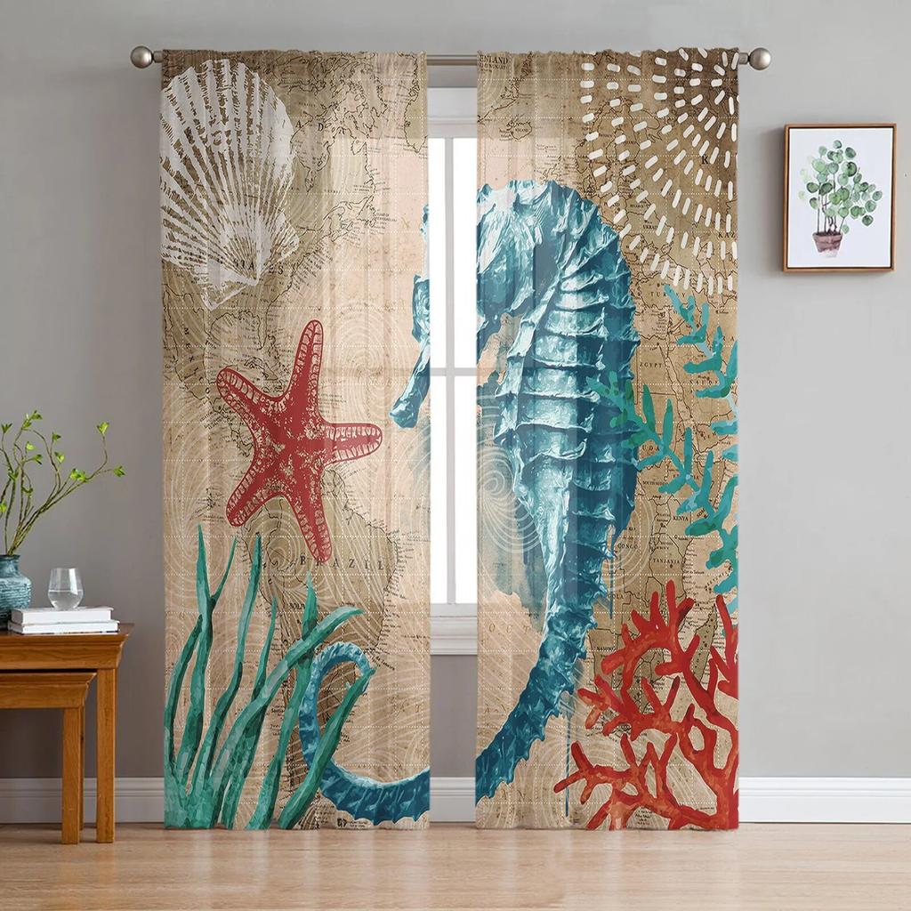Nautical Octopus Retro Tulle Curtains For Living Room Sheer Curtain For Bedroom Kitchen Blinds Voile Curtains
