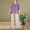 Korean Style Cotton Linen Embroidered Top & Wide-Leg Pants Set for Women, Plus Size, Slimming, Summer 2026.