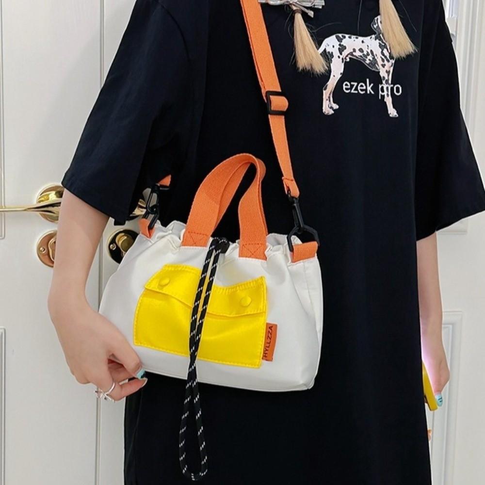Contrast Color Nylon Crossbody Bag Cloth Drawstring Bucket Bag Fashion Shoulder Pouch Students