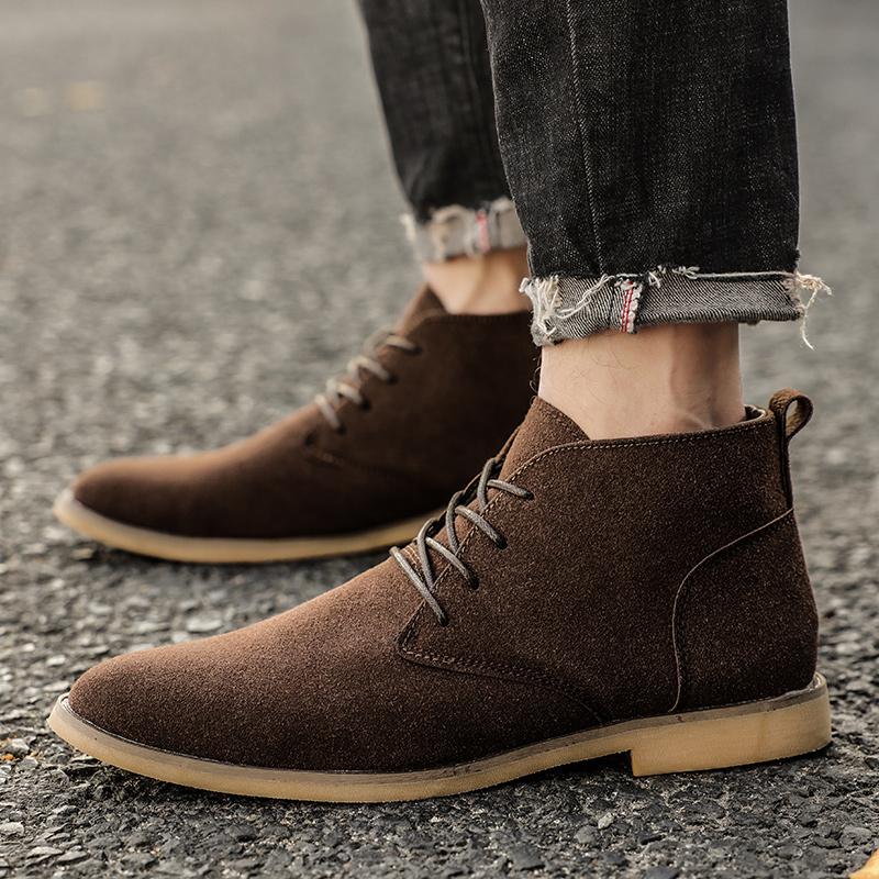 Trend Khaki Ankle Boots Men Pointed Toe Men's Chelsea Boots Man High Top Suede Leather Short Boots for Men