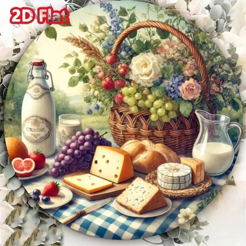 Kovové nástěnné umění Kuchyňská dekorace Rustikální design s jídlem Hliníková deska 8x8 palců Sýr Chléb Hrozny