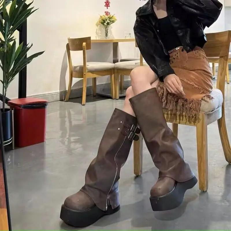 Fashion Soft Leather Ankle Mid Calf Boots Winter Autumn High Platform Wedge British Booties Woman New Ladies Chunky Motorcycle Boots