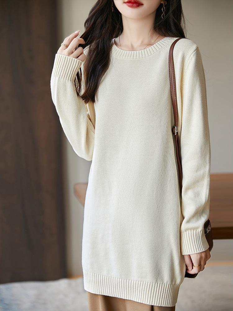 2026 A/W Women's Thick Knit Pure Cotton Dress - Long Sleeve, Solid Color, Round Neck, Loose Mid-Length Skirt