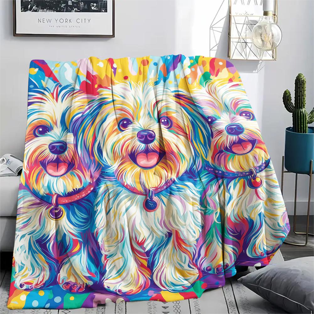 Colorful Maltese dog,pattern Flannel Blanket, High quality Comfortable for All Seasons, Home Decor, Warmth and Comfort, Perfect for Gifts.