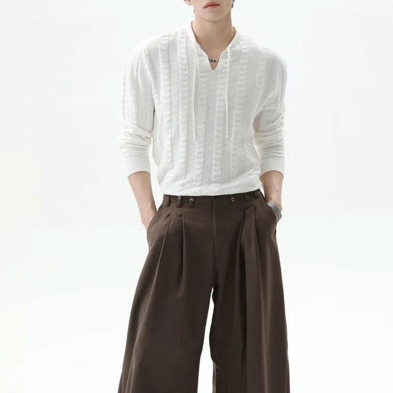 

Men s White Drawstring Neck Long-Sleeve Shirt Loose Casual Knit Top L білий