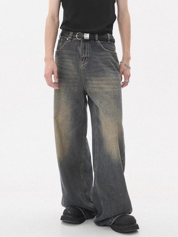 Men's Vintage Washed Wide-Leg Jeans: Retro Straight, Loose Drape, Floor-Length, Spring/Autumn 2025.