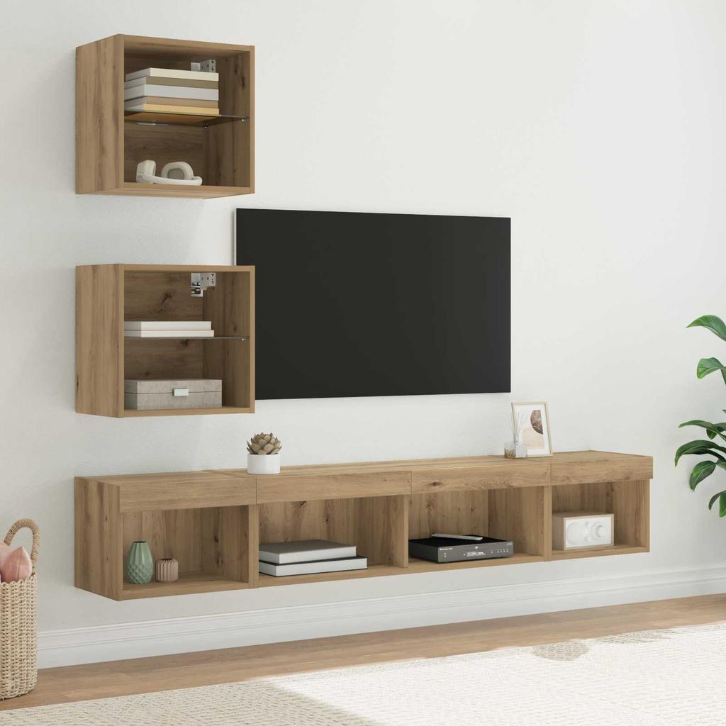 Wall Mounted TV Units with LED Lighting 5 pcs Artisan Oak Wood Based Material