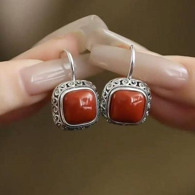Silver 925 Tang Grass Auspicious Cloud Honey Wax Earrings For Women Retro Embossed Yellow Red Square Earings Jewelry Gift