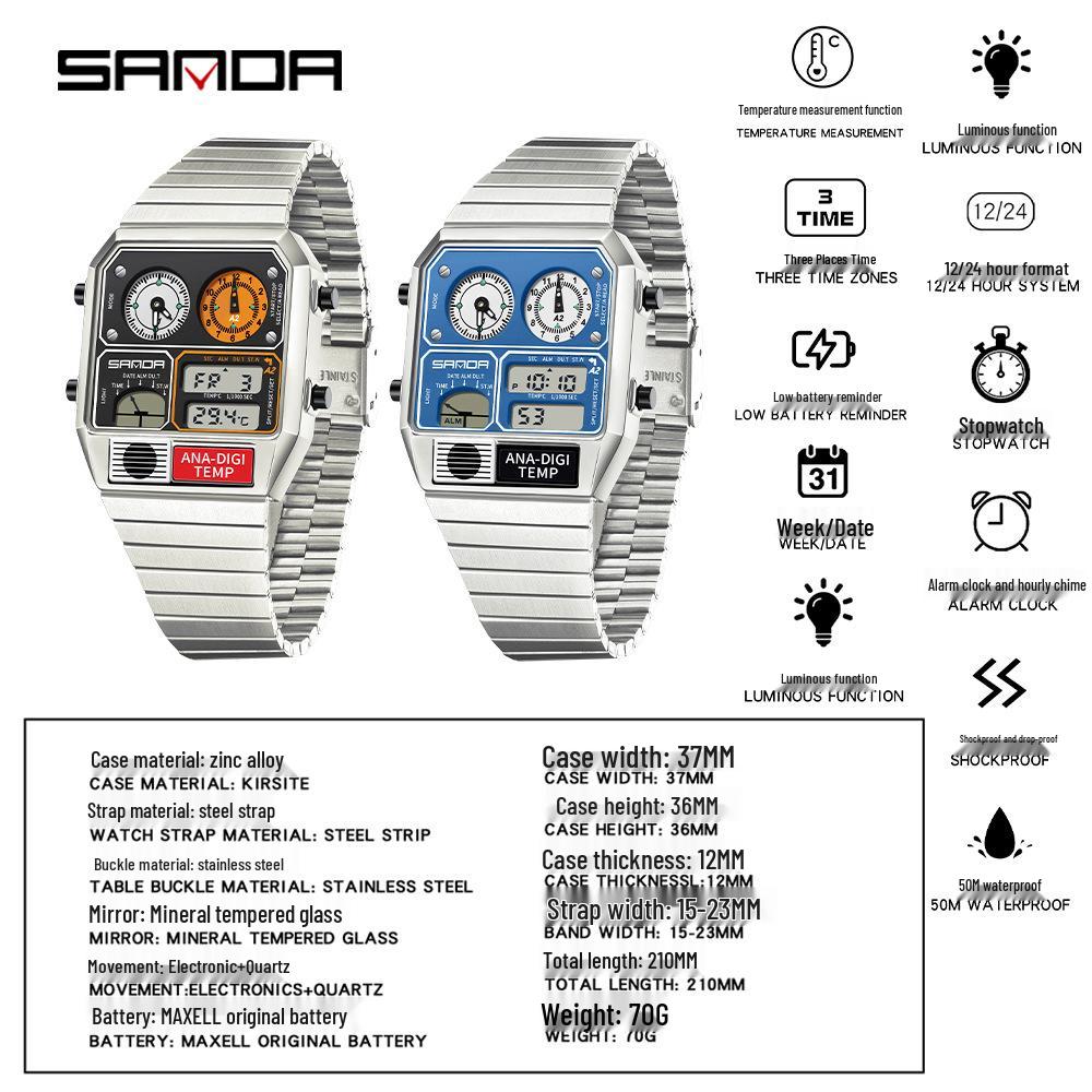 Sanda Waterproof Multifunctional Sports Watch with Temperature Alarm & Fashionable Design