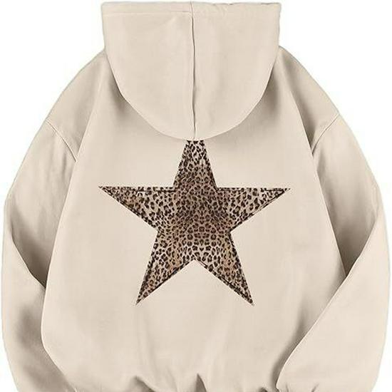 Dames Hooded Sweatshirt met Luipaard- en Sterrenprint, Casual Pullover met Lange Mouwen, Grote Voorraad Beschikbaar