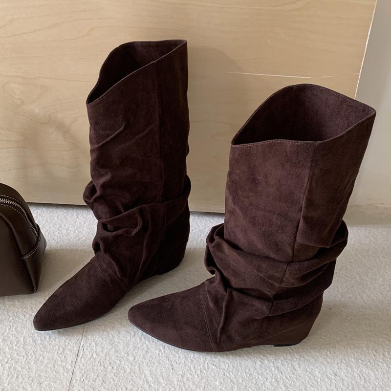 Fashion Flats Women High Boots Suede Pointed Toe Designer Shoes Winter Luxury Dress Woman 2025 New Fashion Sexy Chelsea Botas De Mujer