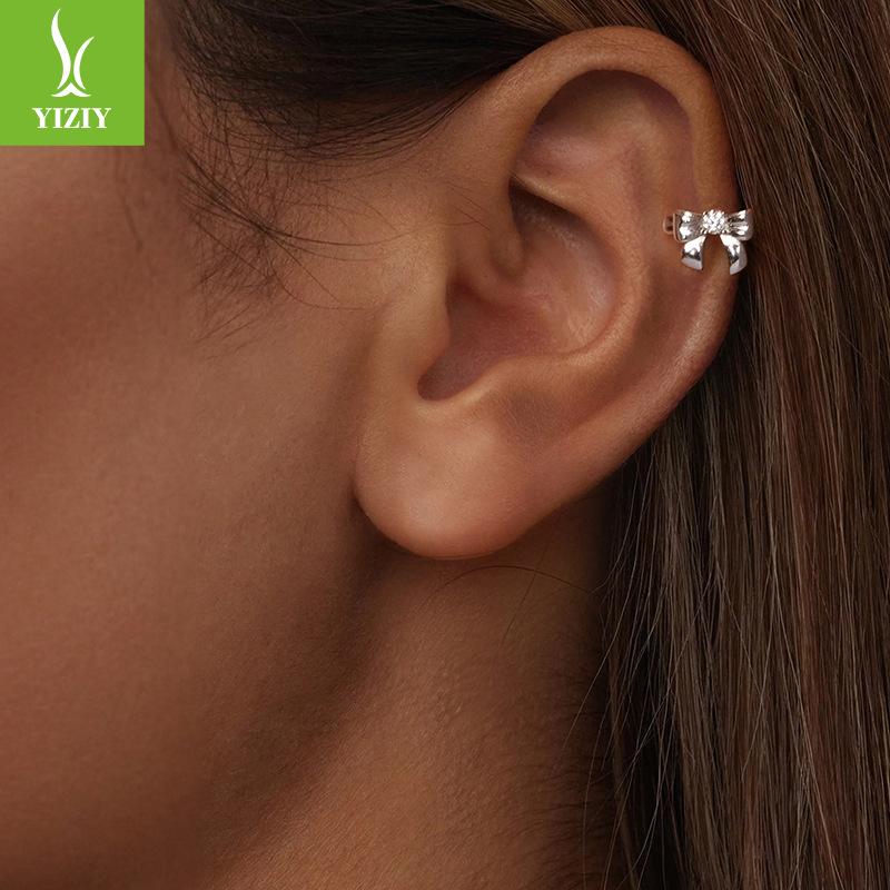 Cross-Border Foreign Trade Explosion Bow Ear Bone Clip Single Moissanite Stud Earrings Women'S 925 Sterling Silver Ear Jewelry
