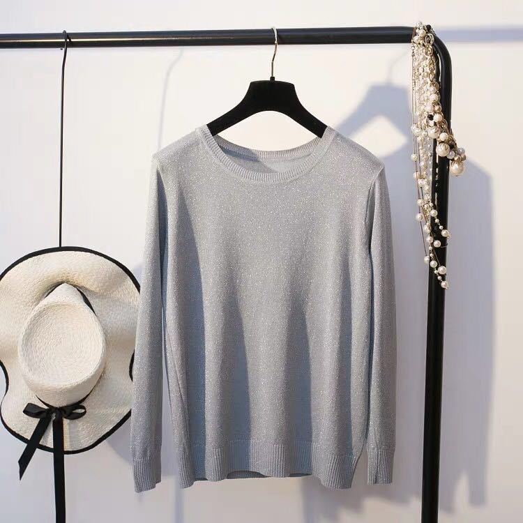 

Тонкий свитер с блестками для женщин, свободный вязаный свитер для осени, пуловер с круглым вырезом, топ с длинным рукавом XL серый