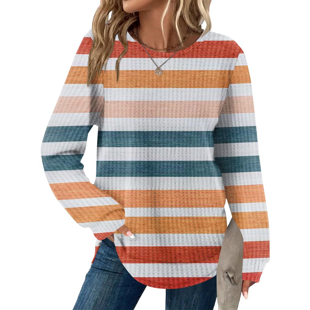Damen Gestreiftes Druck Rundhals Langarm Locker Lässiges Oberteil