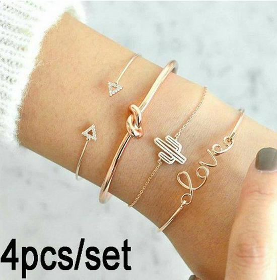 Trendy European & American Triangle Love Tree Leaf Bracelet Set - 4 Pieces