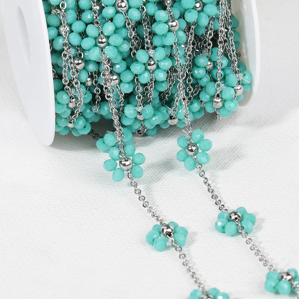 1meter Daisy Flower Beaded Chains Stainless Steel Crystal Bead Chain Necklace Bracelet Chain Crafts Jewelry Making DIY Supplies