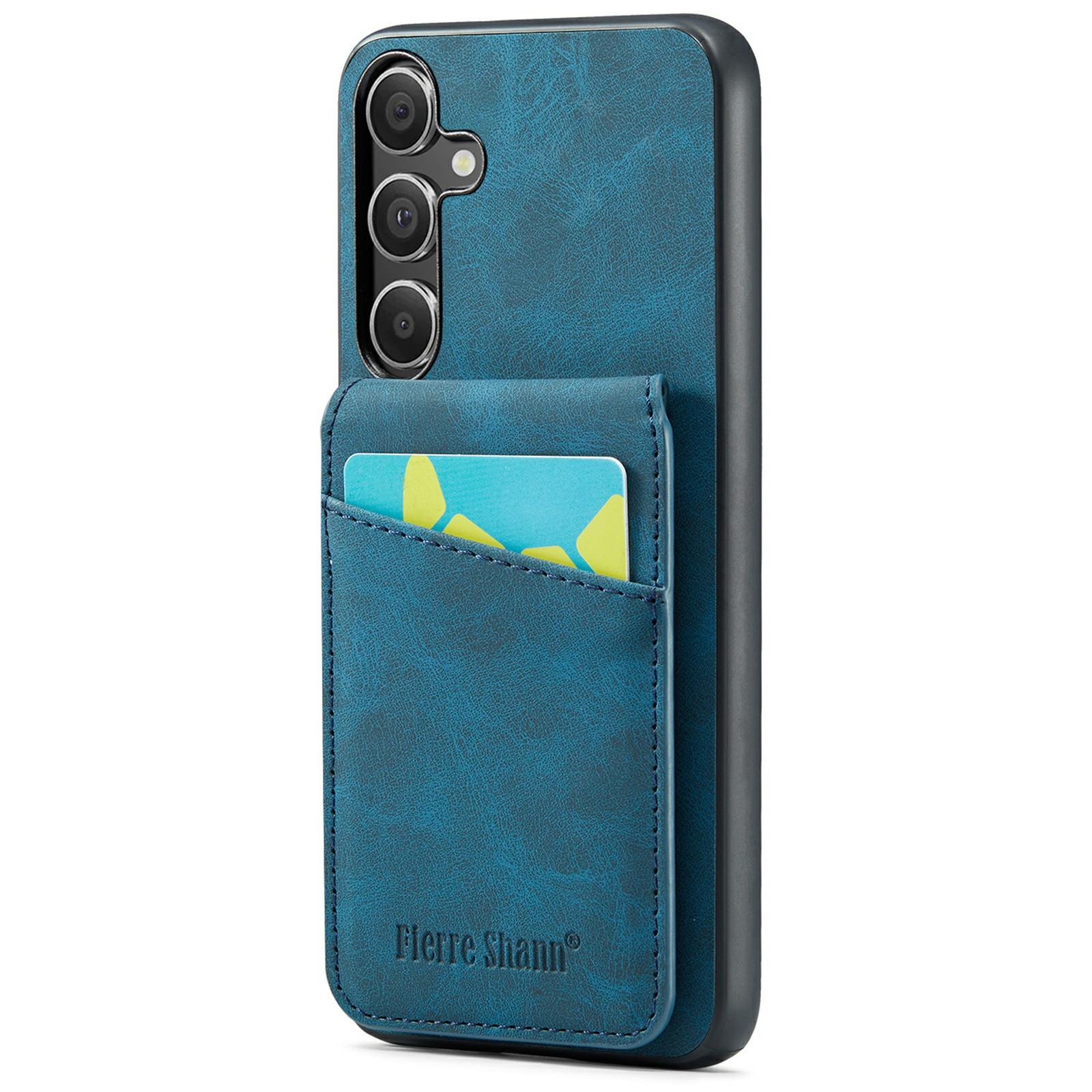 

FIERRE SHANN For Samsung Galaxy S25+ Case Card Holder Kickstand Leather RFID Blocking Back Cover Blue