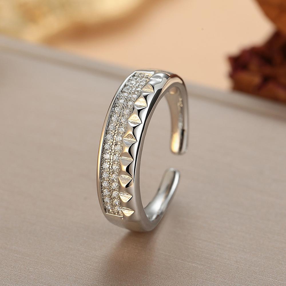 Unisex Adjustable Open Ring with European & American Style Rivet Design and Micro-Set Cubic Zirconia