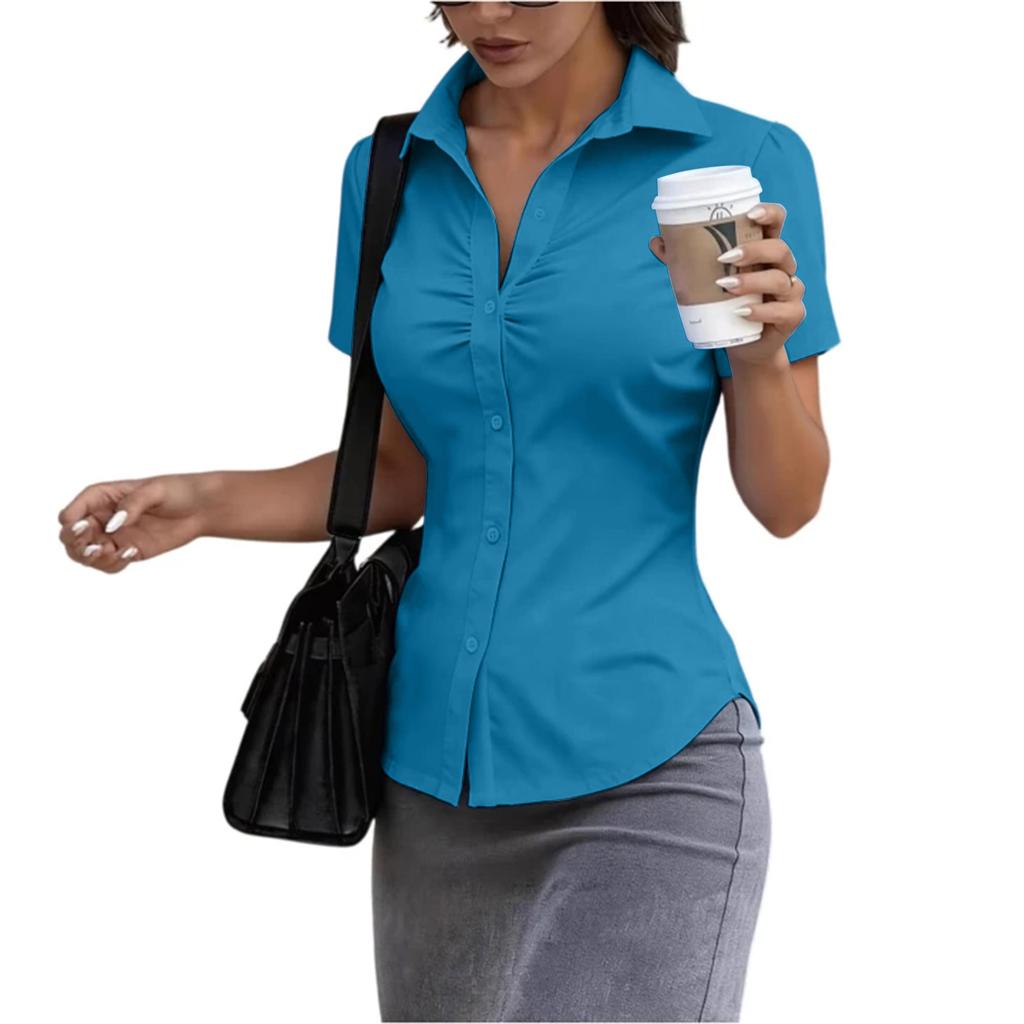 Women's Short Sleeve Button Down Shirt Slim Fit Collared Blouse Office Workwear Casual Top with Ruched Front Design