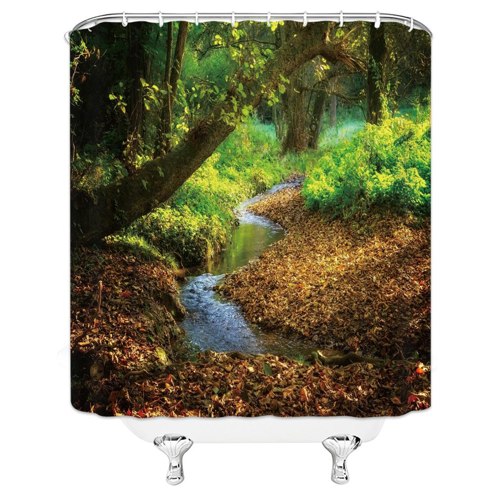 Natural Scenery Waterfall Shower Curtain Plant Lake River Landscape Bath Decor Bathroom Waterproof Polyester Cloth Curtain