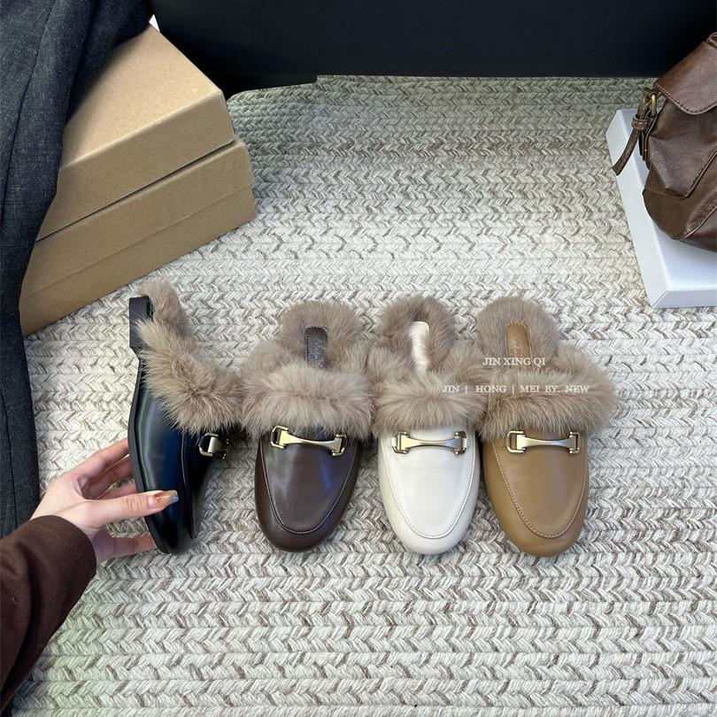 Internet celebrity 2025 hair bag head half slippers women wear autumn and winter fashion versatile medium heel thick heel muller shoes ins tide