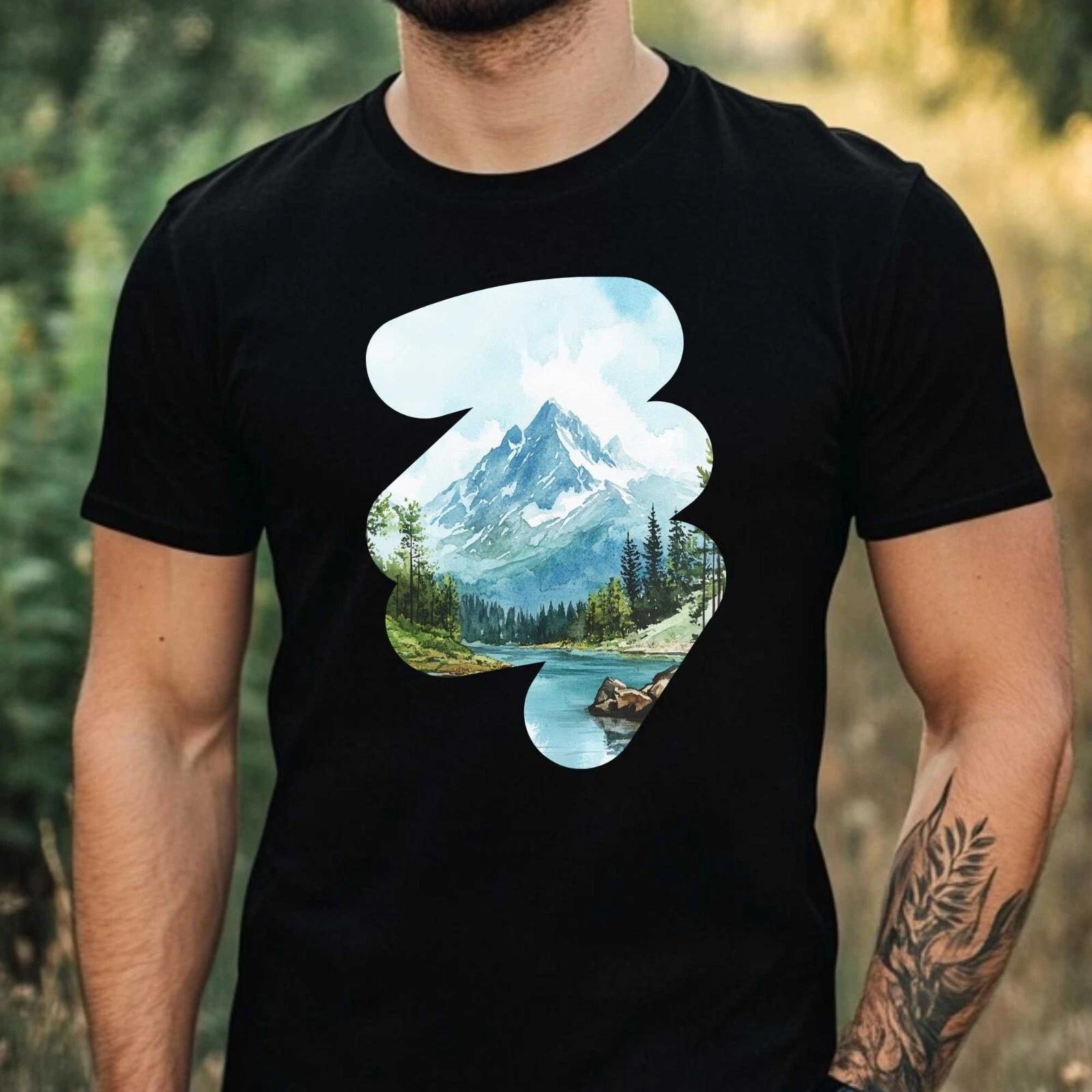T-Shirt Herren Aquarell Berglandschaft Motiv Baumwolle Größe XS bis 5XL XXXXL